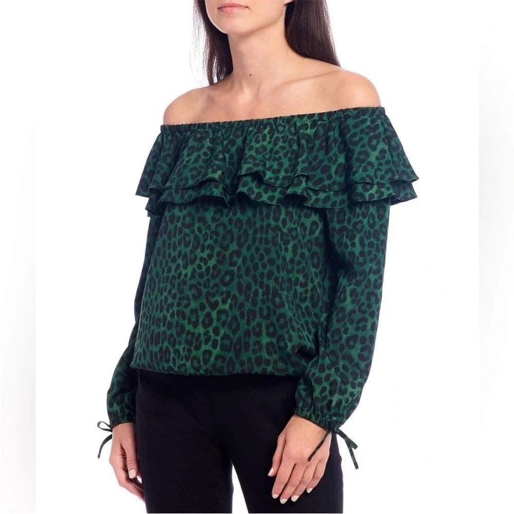 Michael Kors Green/Black Leopard Print Off Shoulder Top Size L